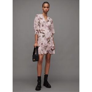 All Saints Ari Peggy Wrap Dress Pink Chiffon Bird Print US 12 NEW